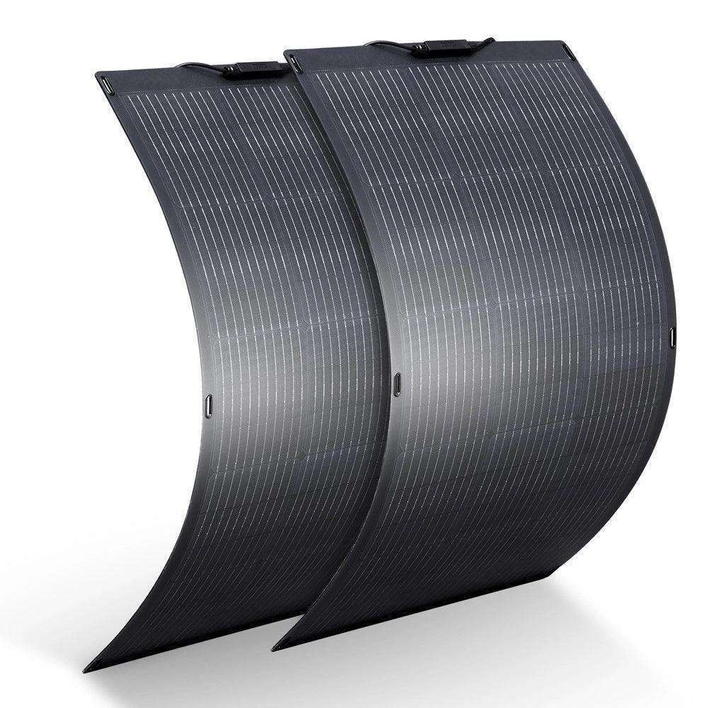 ALLPOWERS 100W Flexible Solar Panel SF100 shown curved to demonstrate flexibility, featuring black surface with grid pattern
