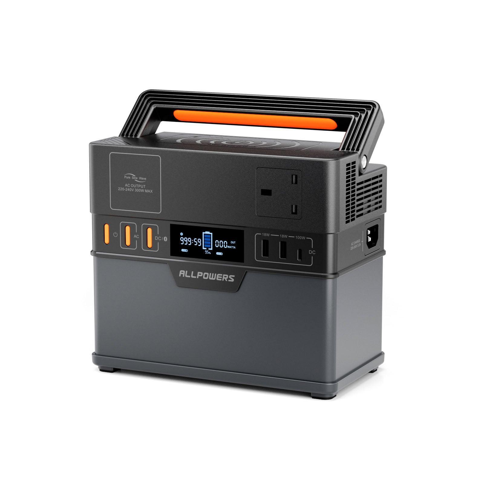 ALLPOWERS S300 Plus portable power station with 288Wh capacity, multiple charging ports, LED display and carry handle in dark gray