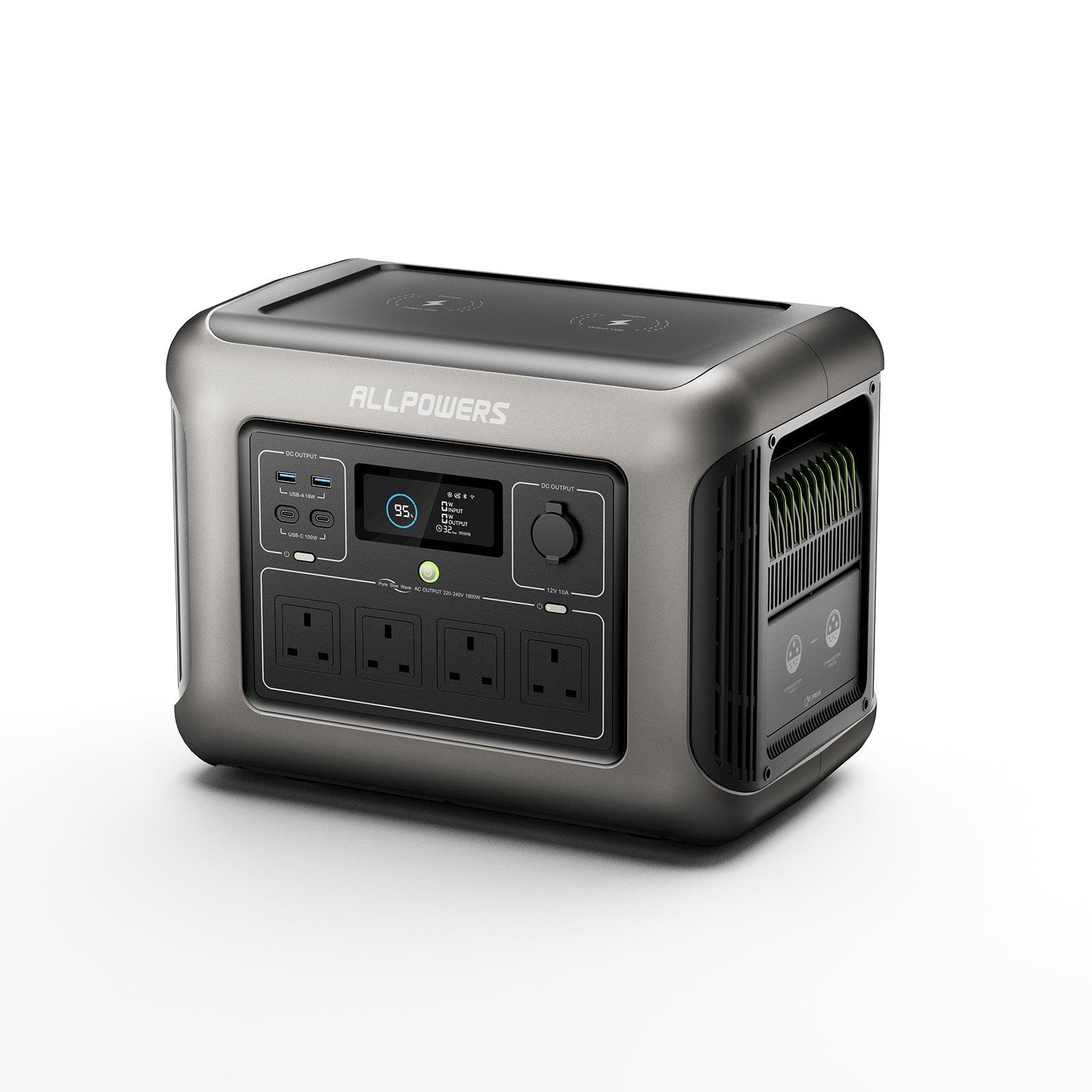 ALLPOWERS R1500 Portable Power Station with LCD display, multiple outlets, and wireless charging pad in sleek grey housing