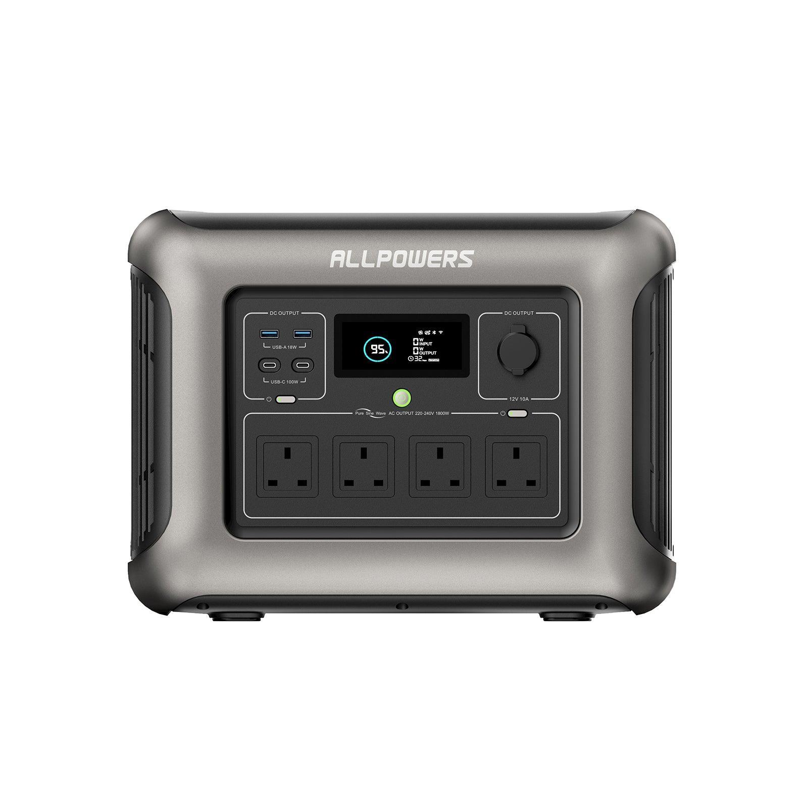 ALLPOWERS R1500 Portable Power Station with 4 AC outlets, LCD display, and USB ports in sleek gray design