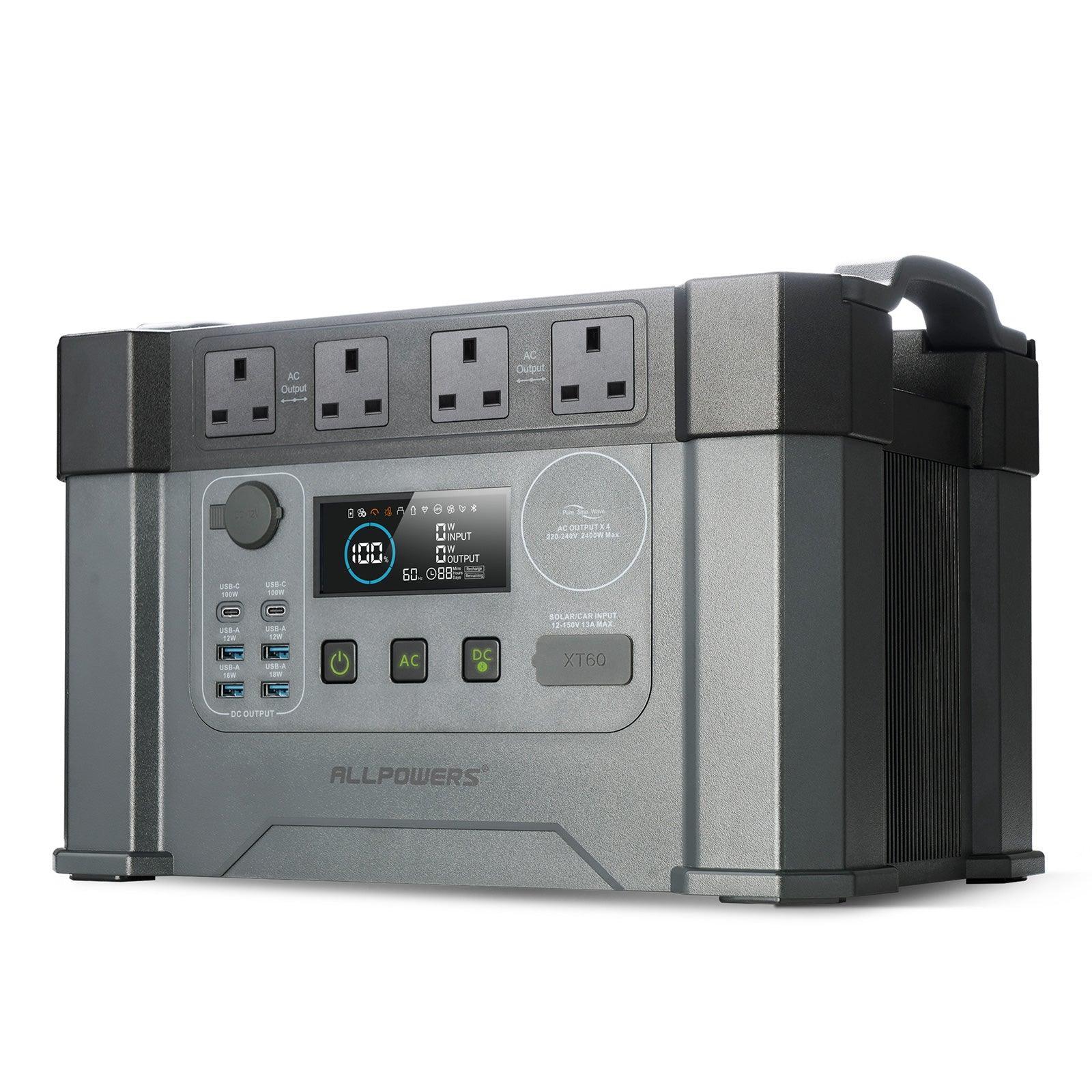ALLPOWERS S2000 Pro Portable Power Station with LCD display, multiple outlets and USB ports, compact gray design for outdoor use