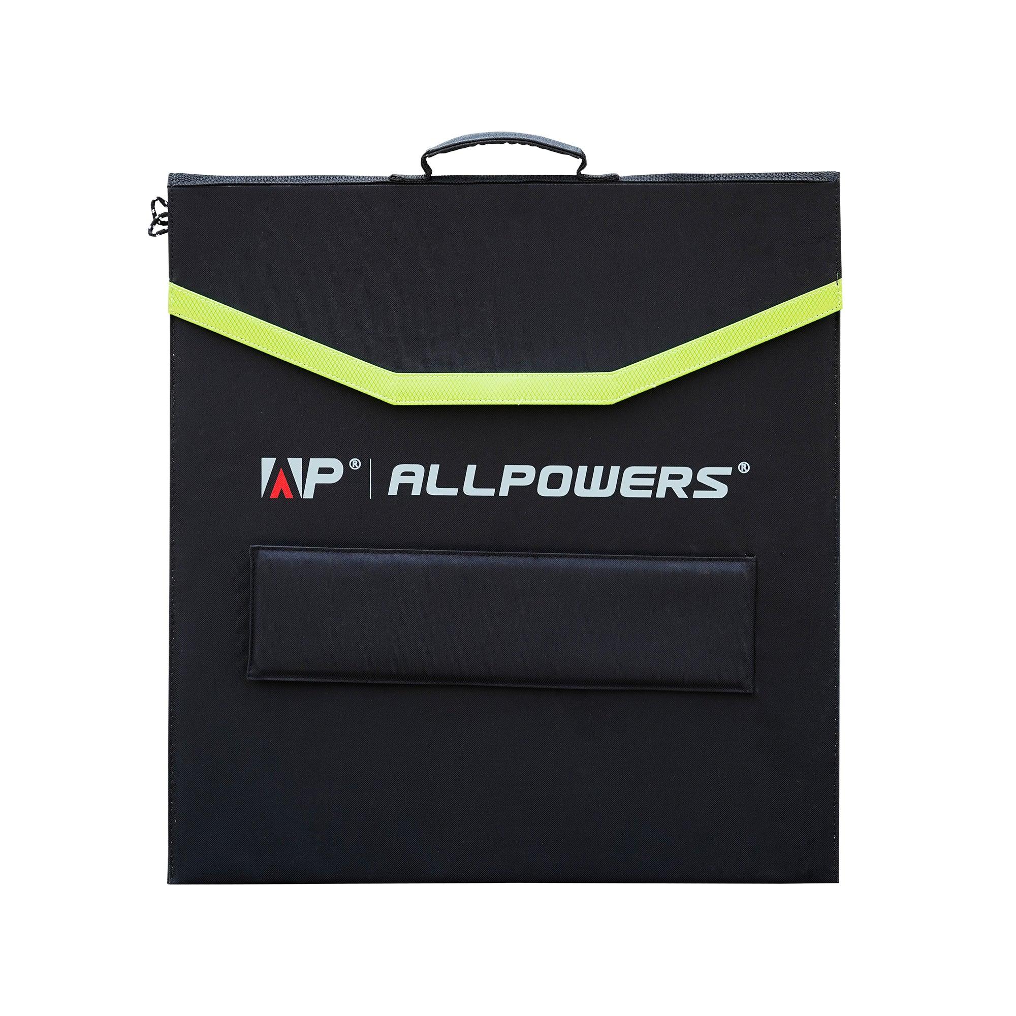 ALLPOWERS 100W Foldable Solar Panel SP027 with black case and neon green accent stripe, featuring brand logo and carry handle