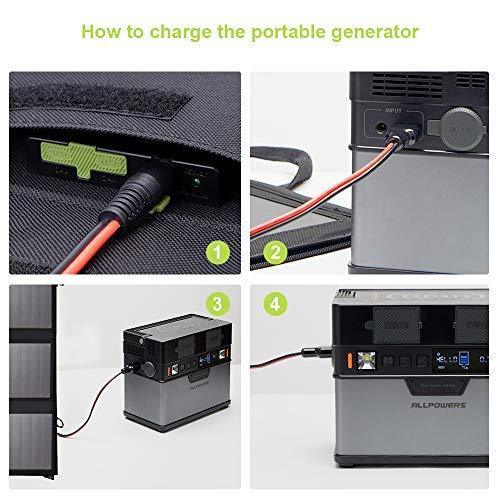 ALLPOWERS 100W Solar Panel SP012 connection steps showing cable ports and portable generator charging setup instructions