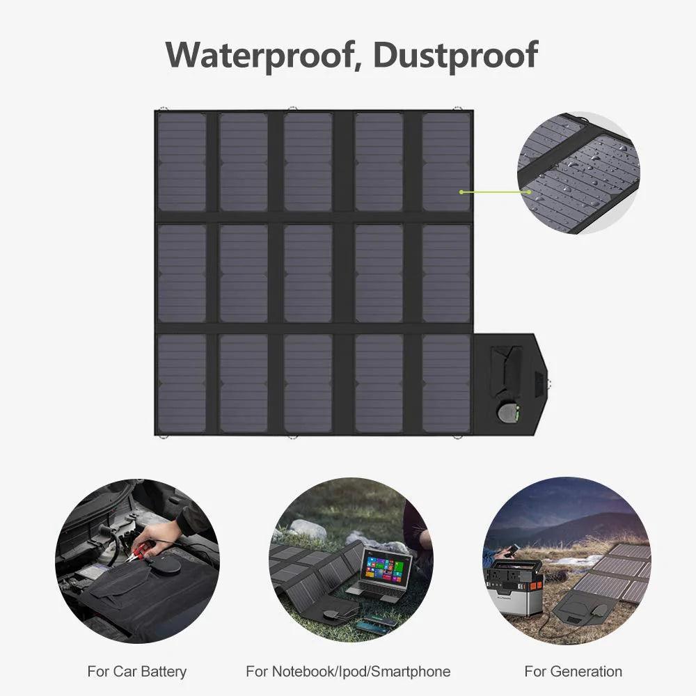 ALLPOWERS 100W Foldable Solar Panel SP012 waterproof solar charger with dual USB ports and DC output shown in use cases