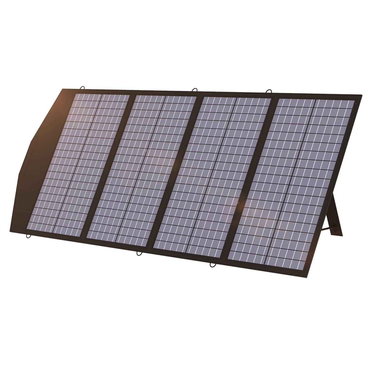 ALLPOWERS 140W Foldable Solar Panel SP029 with four-panel design and kickstand in dark frame, displayed at an angle