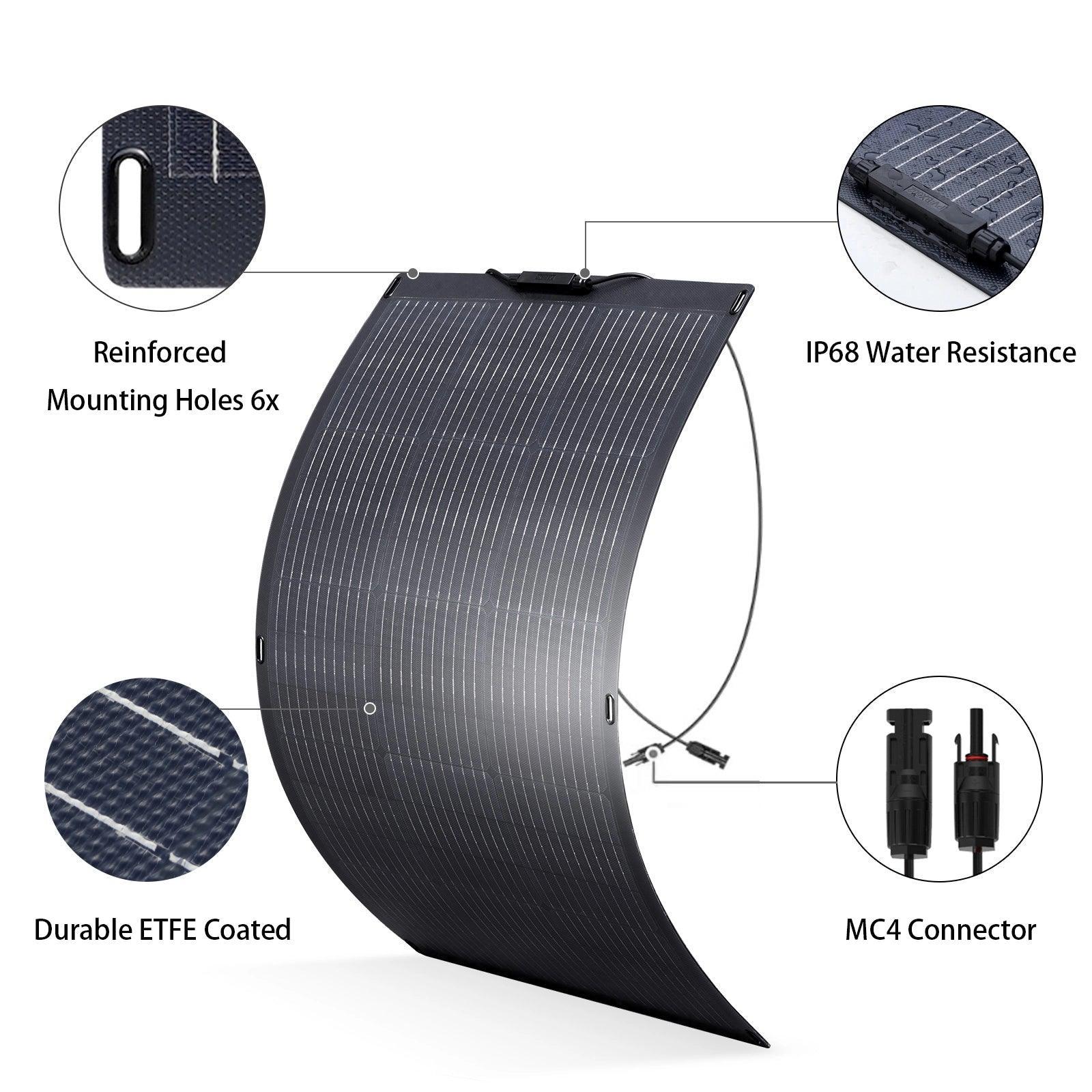 ALLPOWERS 100W Flexible Solar Panel SF100 with mounting holes, IP68 water resistance, ETFE coating and MC4 connector