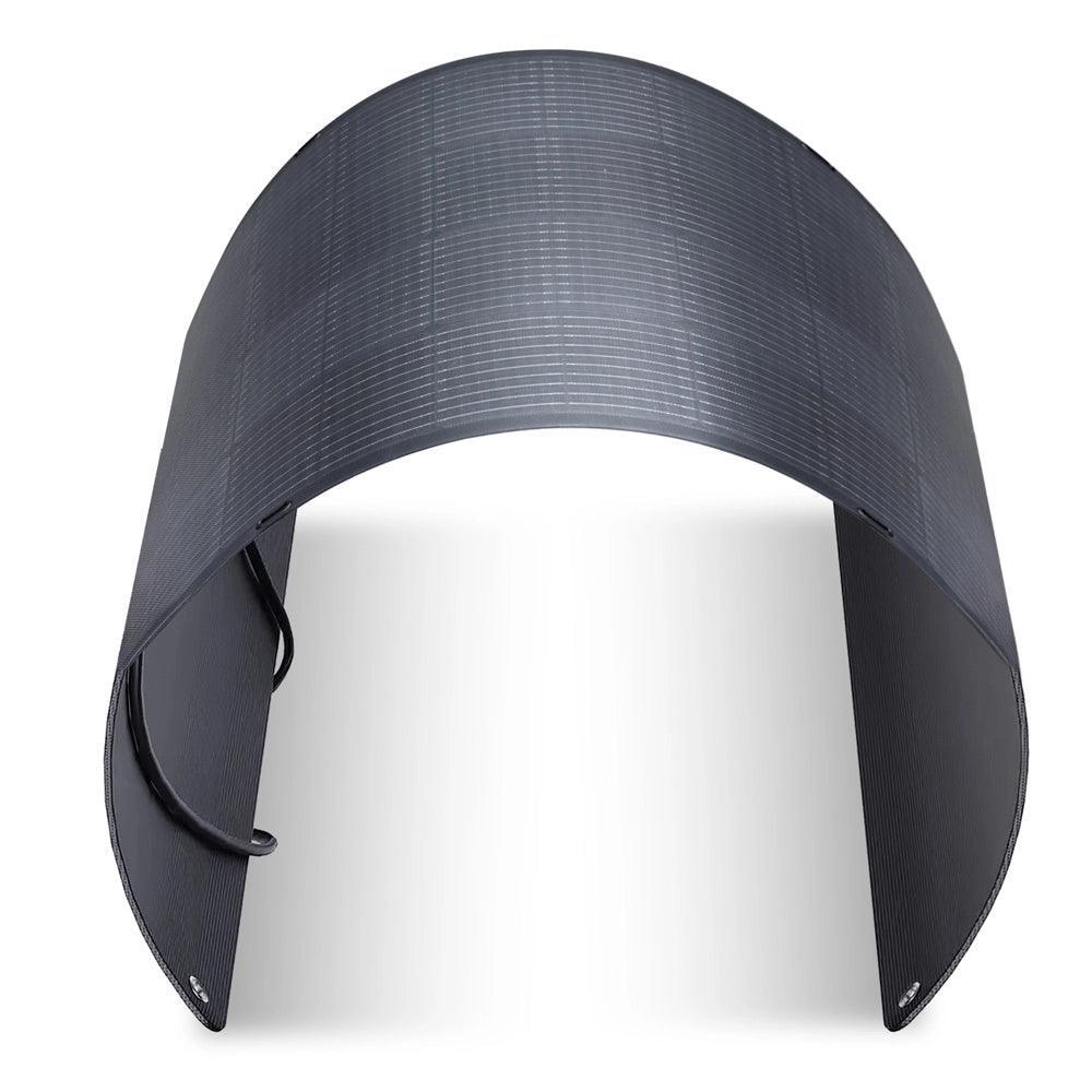 ALLPOWERS 100W Flexible Solar Panel SF100 curved in arc shape showing its flexible design on white background