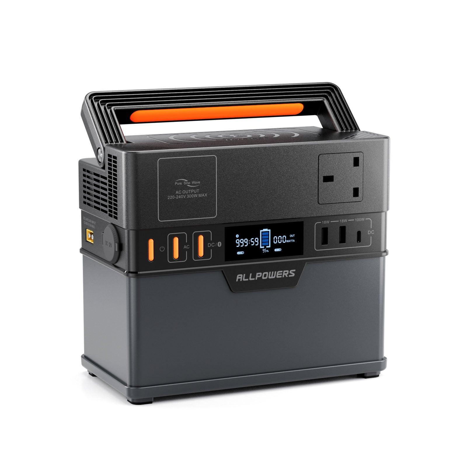ALLPOWERS S300 Plus portable power station with LED display, multiple ports, wireless charging and orange handle on grey housing