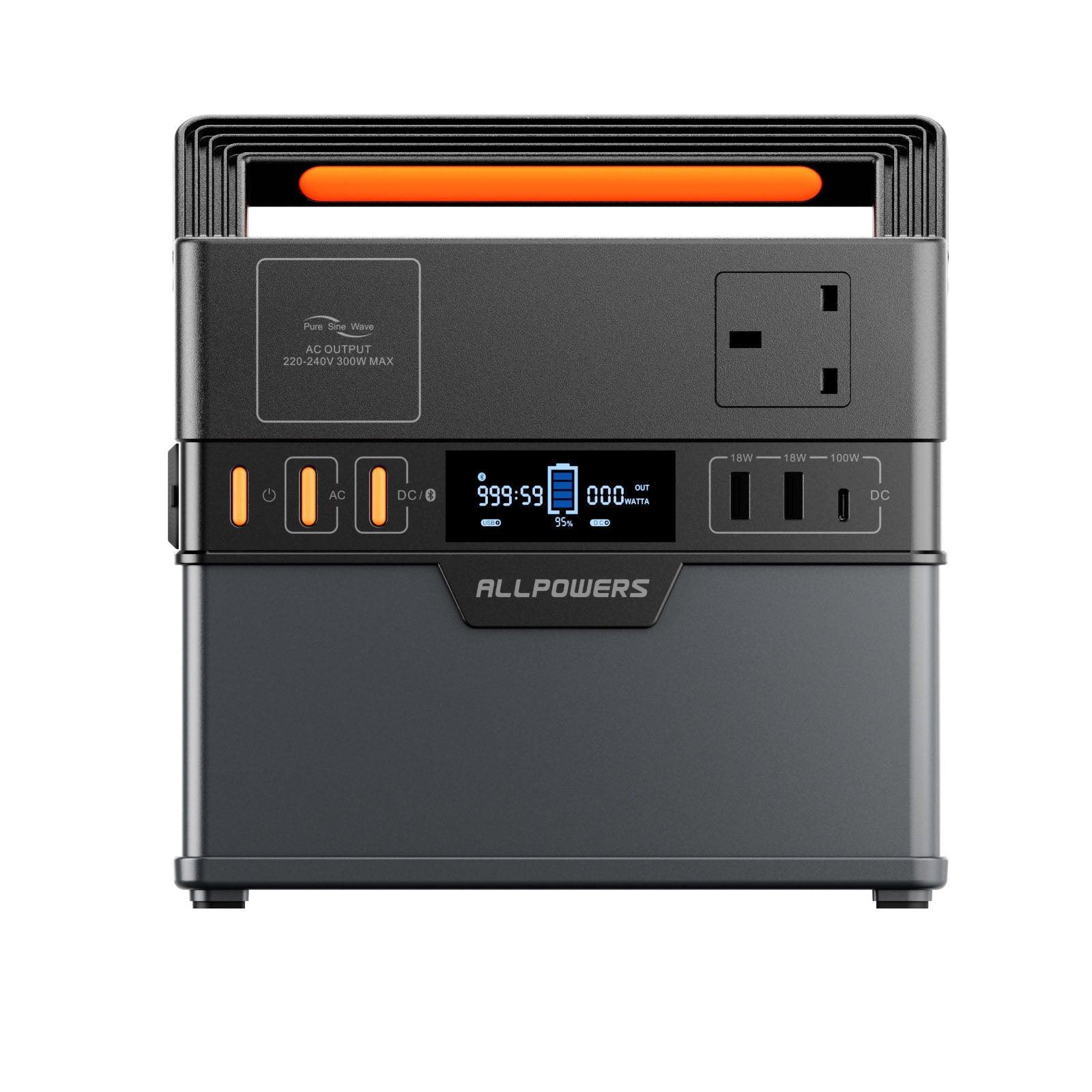 ALLPOWERS S300 Plus portable power station with LED display, multiple charging ports and wireless charging pad in dark gray finish