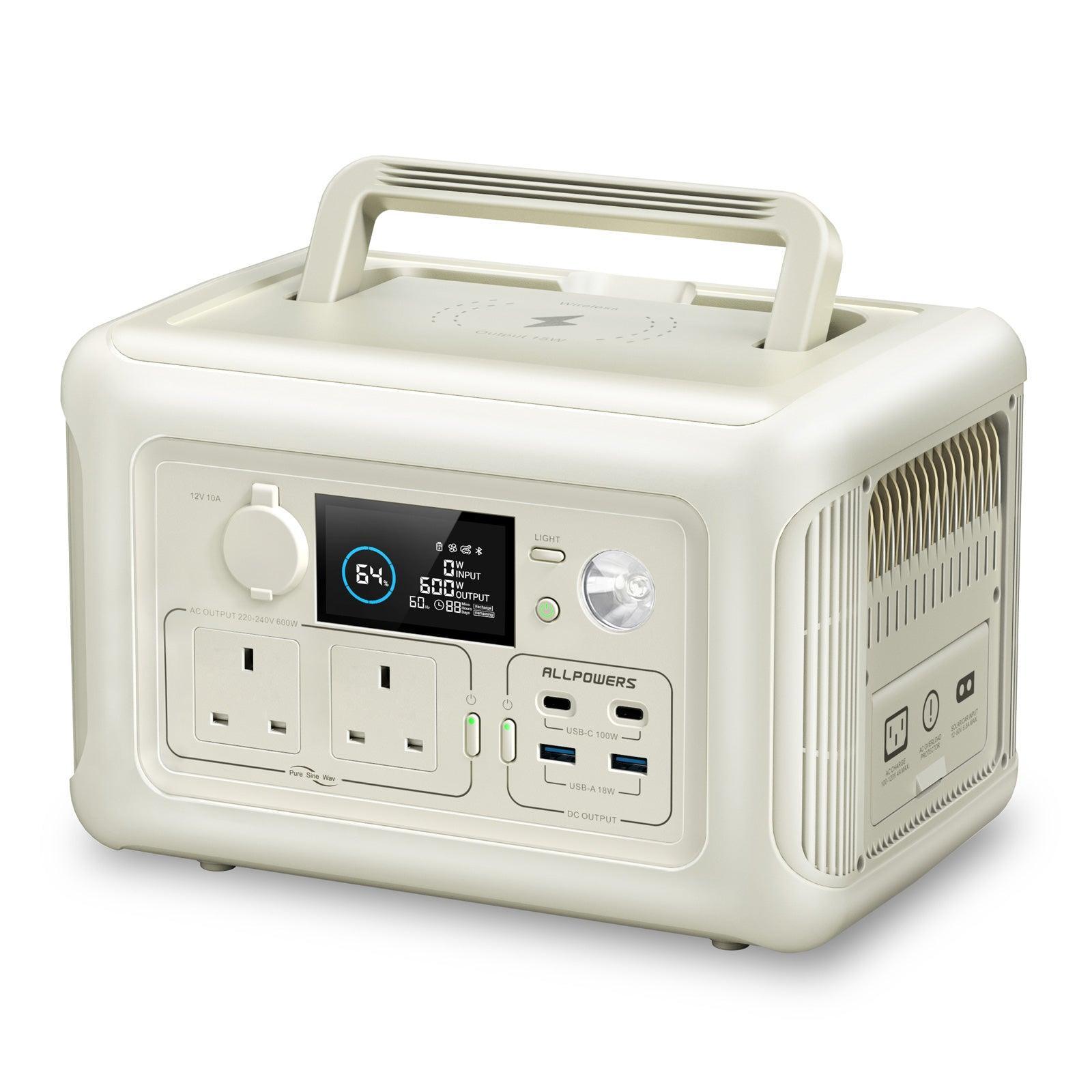 ALLPOWERS R600 Portable Power Station with LCD display, multiple ports, and carrying handle shown in off-white color design