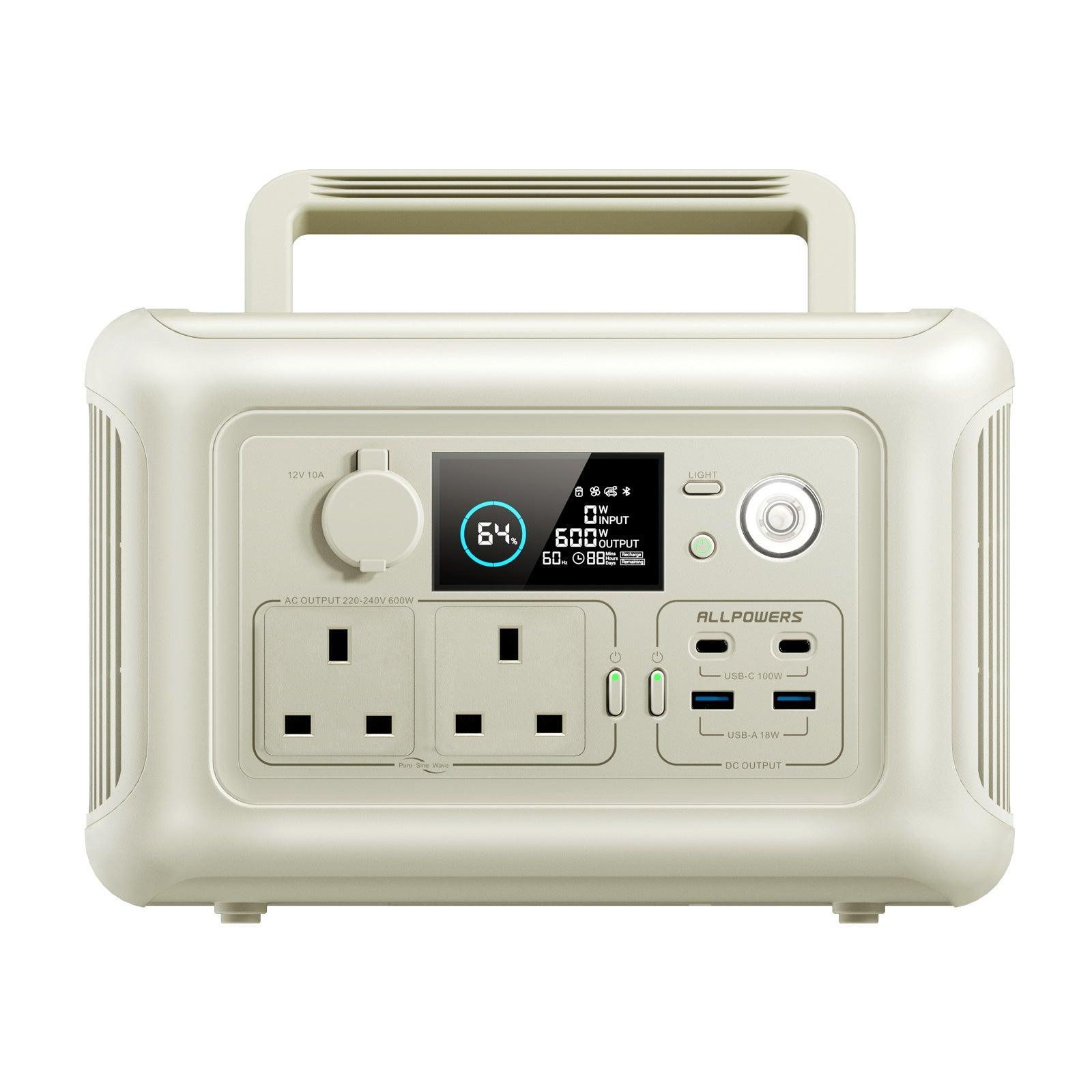 ALLPOWERS R600 Portable Power Station with LCD display, dual AC outlets, USB ports and wireless charging in cream color
