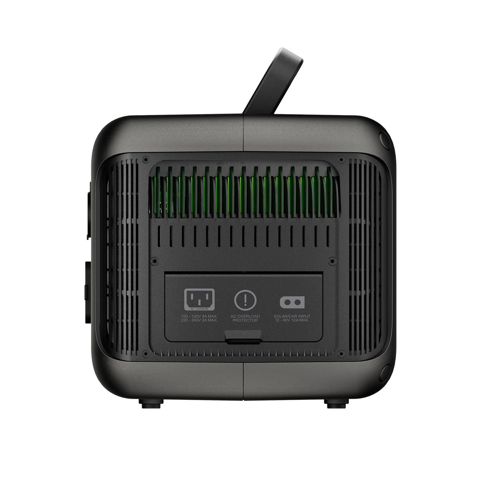 ALLPOWERS R600 Portable Power Station rear view showing ventilation system, control panel, and power input ports in black finish