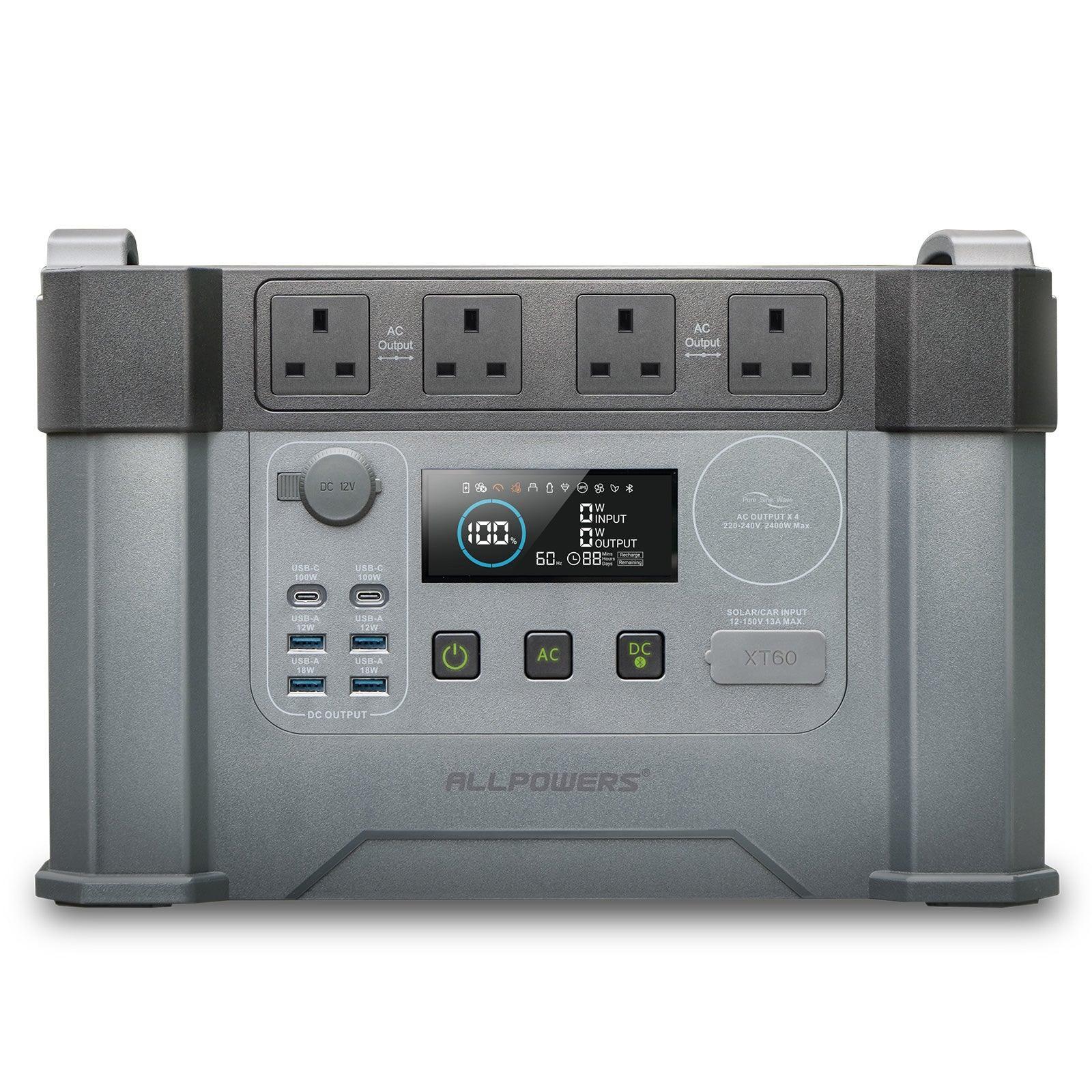 ALLPOWERS S2000 Pro Portable Power Station with 2400W output and digital display, featuring 4 AC outlets and USB ports