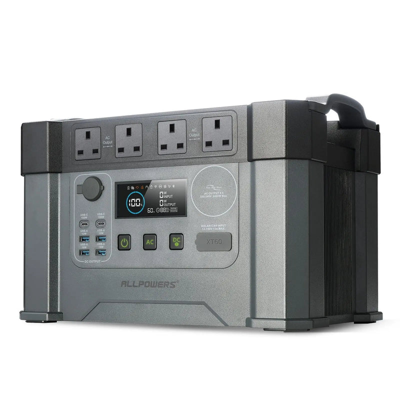 ALLPOWERS S2000 Pro Portable Power Station with LCD display, multiple outlets and USB ports, compact gray design for outdoor use