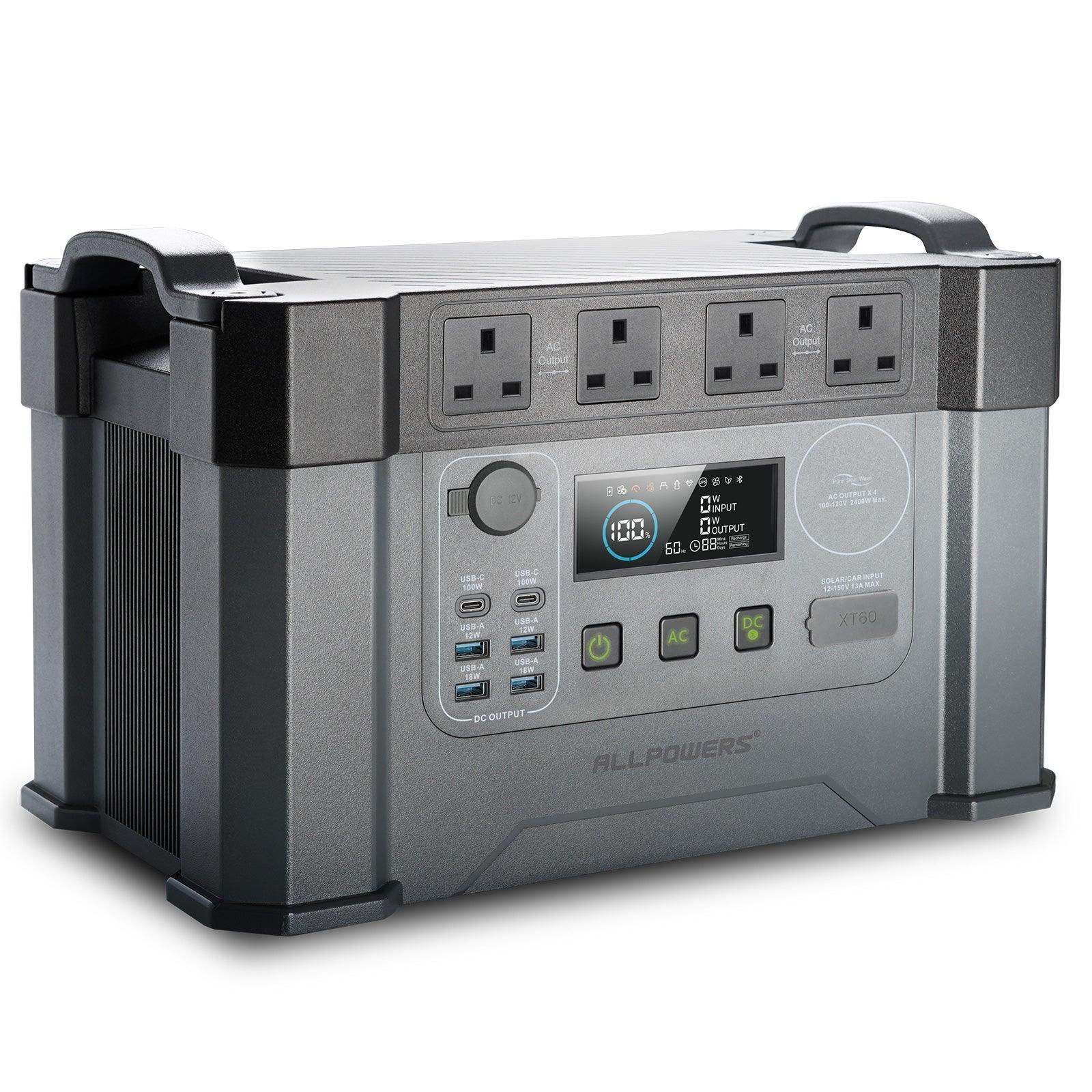 ALLPOWERS S2000 Pro portable power station with 4 AC outlets, LCD display, USB ports and 1451Wh capacity in gray and black design