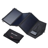 ALLPOWERS 18V 21W Portable Solar Panel charger shown folded and unfolded with three black panels and storage pocket