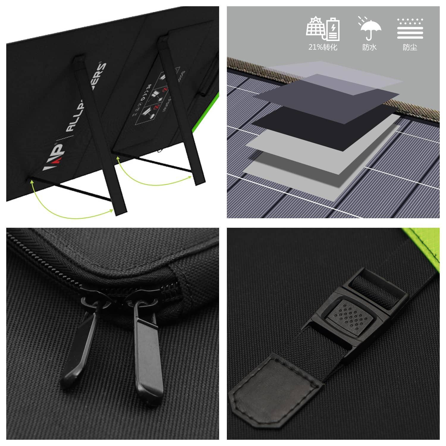 ALLPOWERS 140W Foldable Solar Panel SP029 featuring layered construction, durable black fabric case with zippers and stand supports