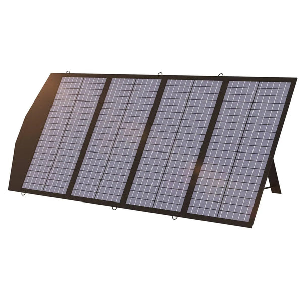 ALLPOWERS 140W Foldable Solar Panel SP029 with four-panel design and kickstand in dark frame, displayed at an angle