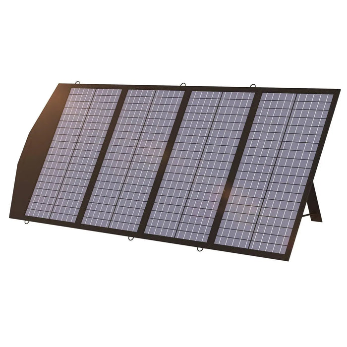 ALLPOWERS 140W Foldable Solar Panel SP029 with four-panel design and kickstand in dark frame, displayed at an angle