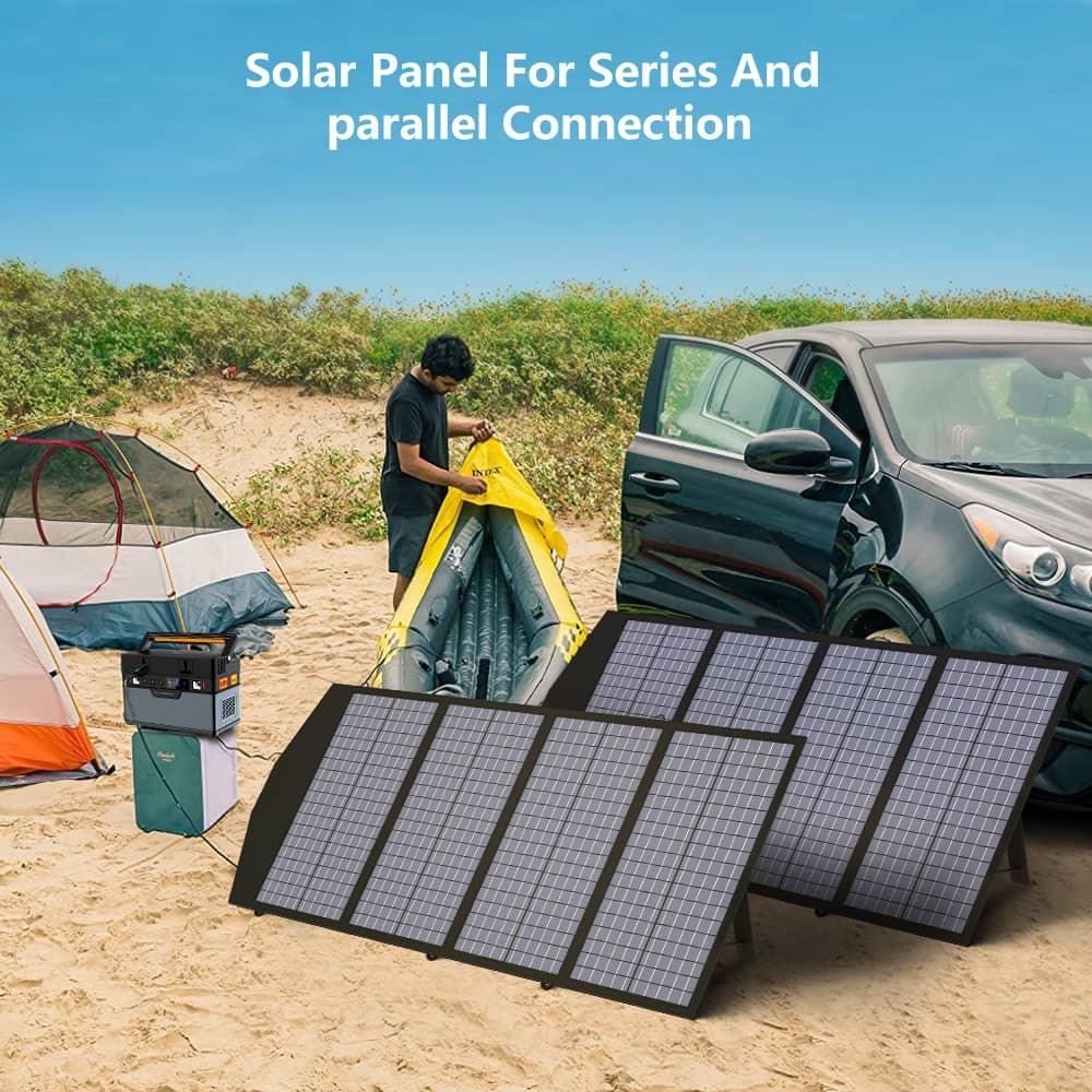 ALLPOWERS 140W Foldable Solar Panel SP029 set up at campsite with tent and car, displaying portable power solution